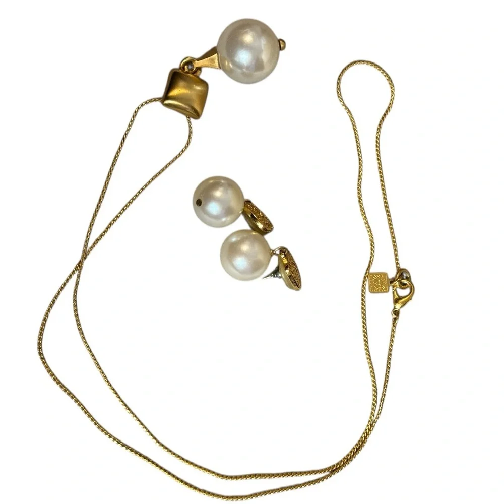 ANNE KLEIN Vintage Gold Tone Faux Pearl Necklace & Earrings Set